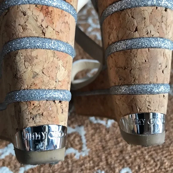 Jimmy Choo Optic White Vachetta Leather Portia 120 Silver Cork 10/EU 40 - Picture 5 of 14